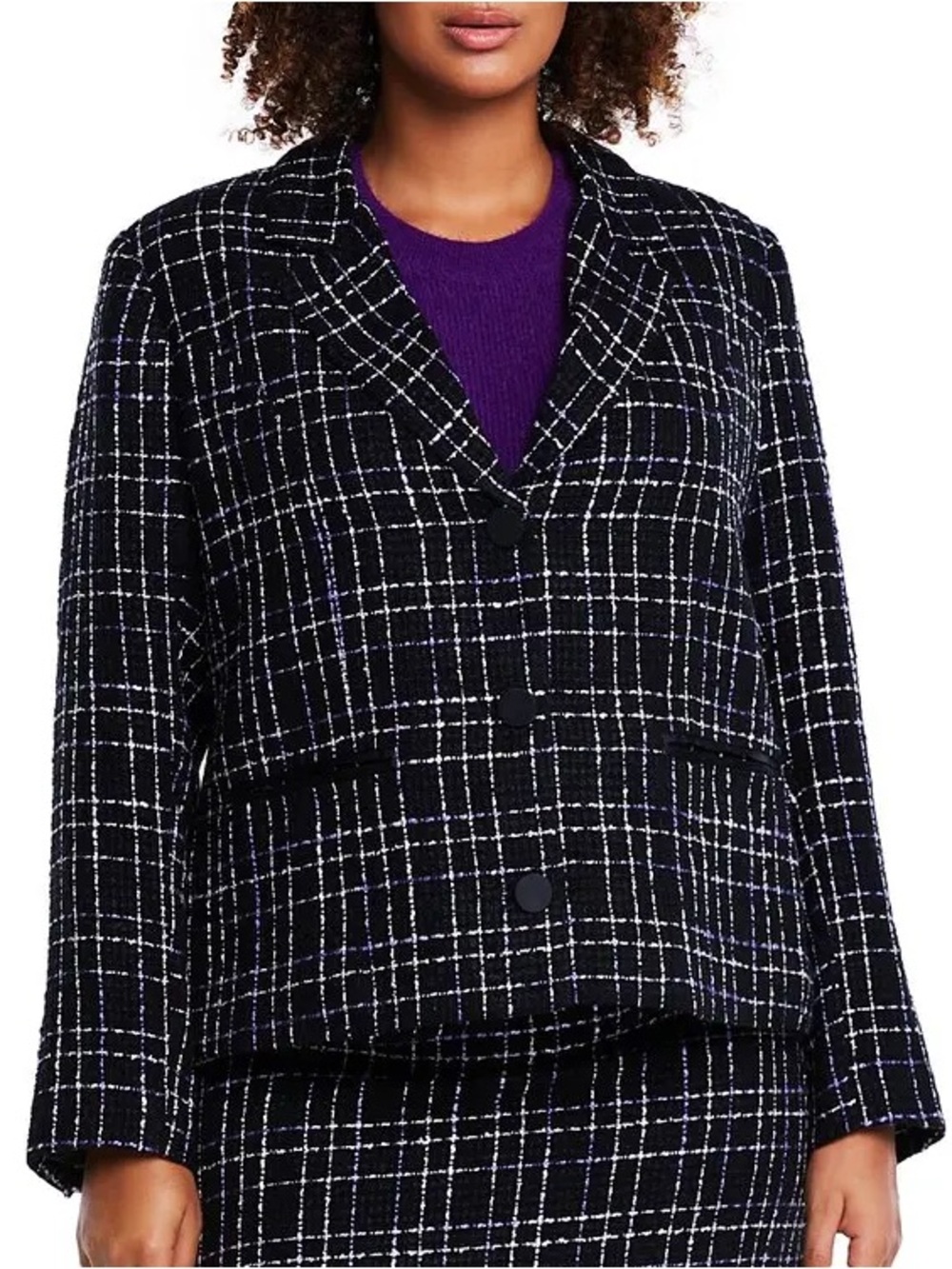 Estelle Paris Boucle Tweed Grid Blazer Jacket - Black, White, Purple 2X/20W